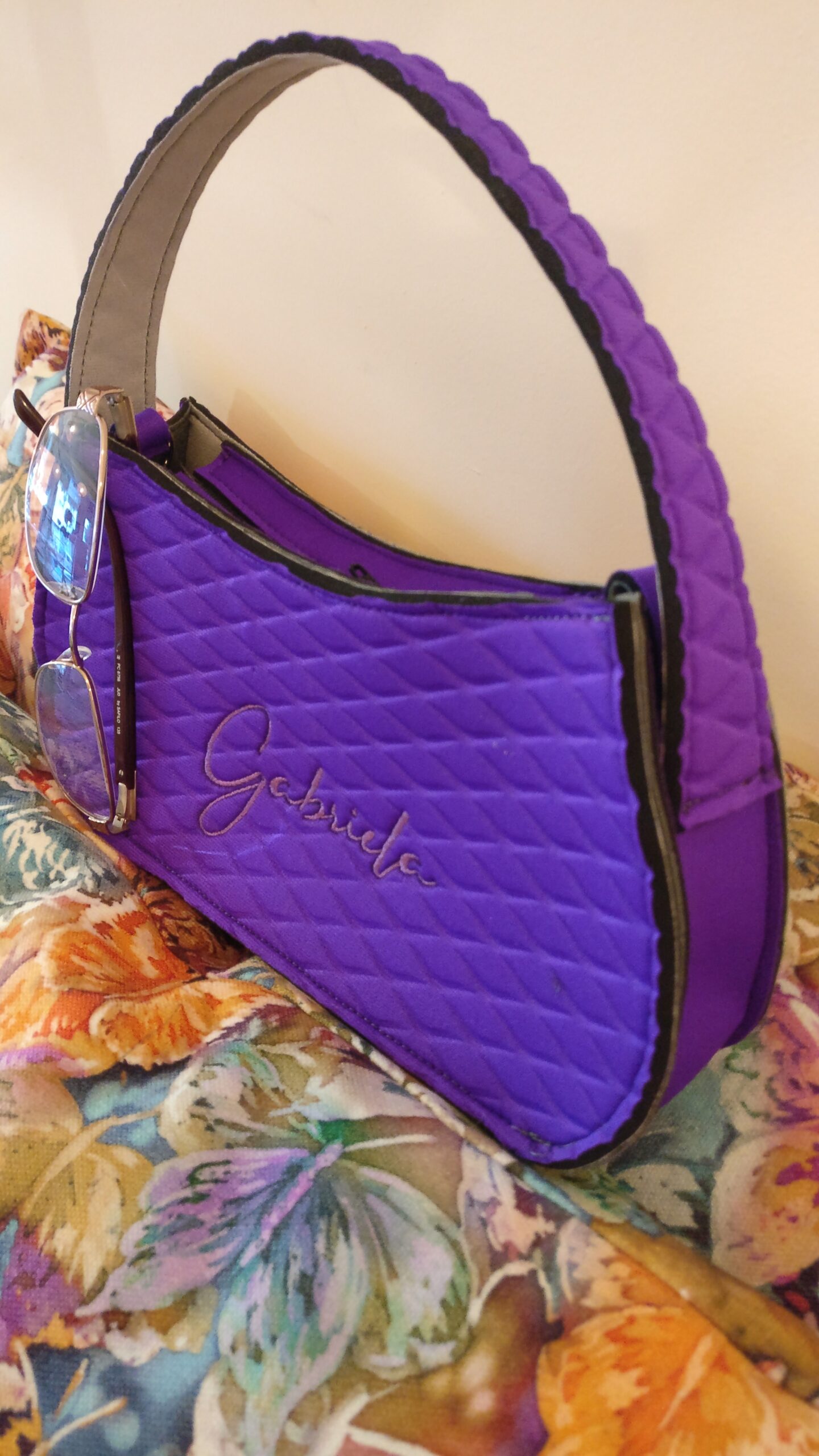 Gabriela - Embossed Violet Neoprene Handbag with Crossbody Strap